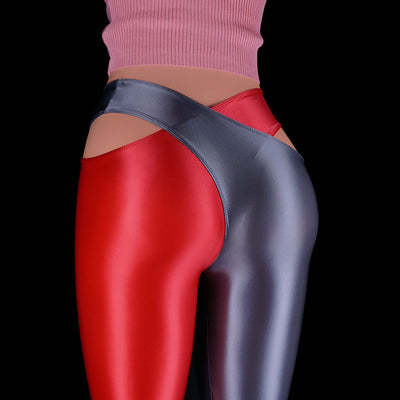 Glossy Leggings Patchwork Color Cross Open Crotch Pants