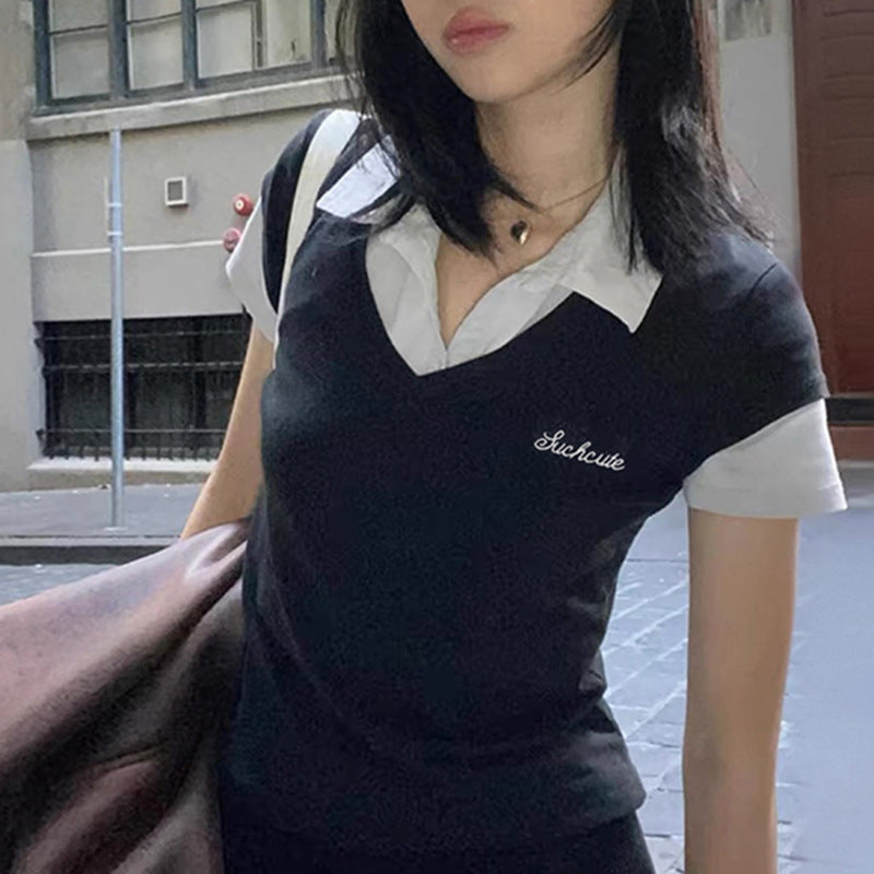 American College Style Polo Collar Stitching Fake Two Pieces Short Sleeve