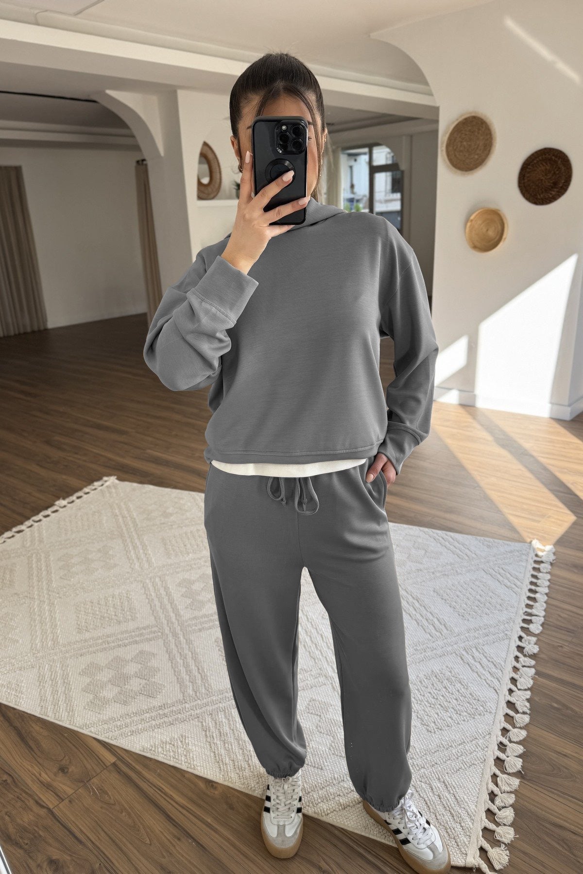 New Women's Solid Color Hooded Sweatshirt Two Pieces