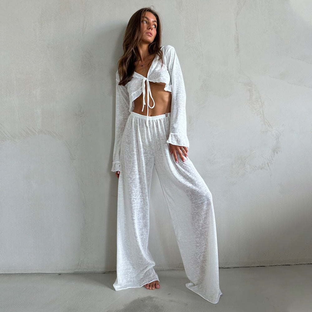 Womens Lace-Up Long-Sleeve Top And Pants Pajama Set