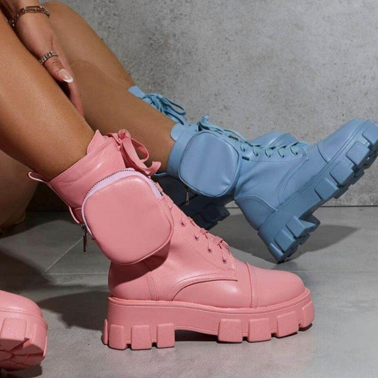 Thick-Heeled Round Toe Lace-Up Pocket Mid-Tube Motorcycle Boots
