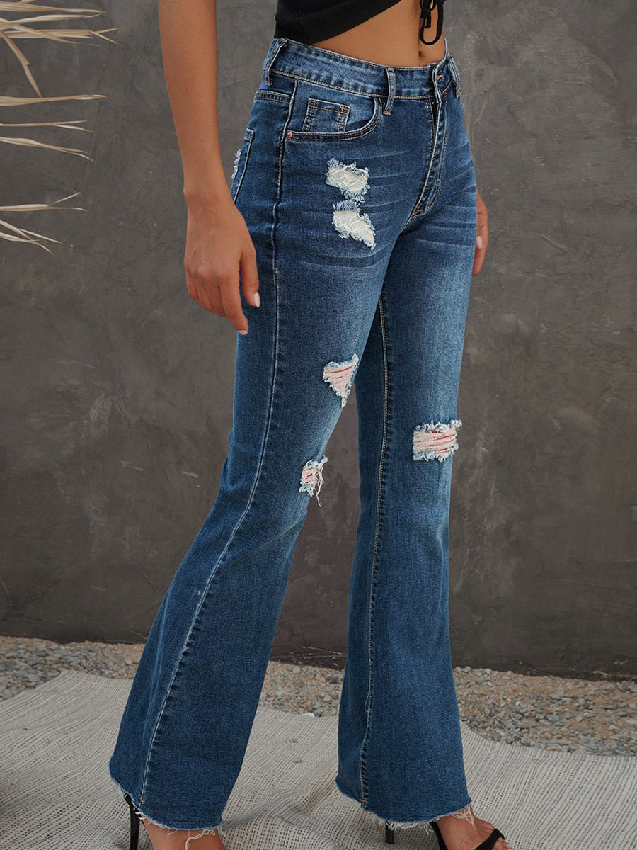 Dame Højtaljede Slim Jeans Vaskede Og Frayed Vide Ben Bukser