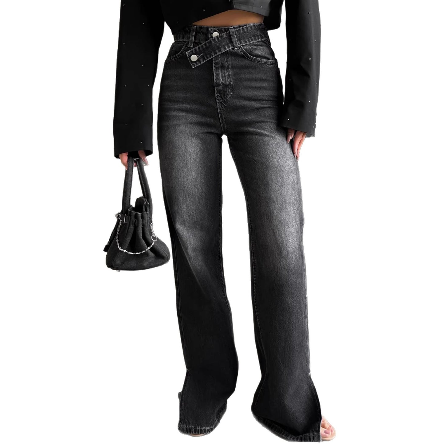 High-waisted, Slightly Flared, Washed Denim Jeans With A Slanted Waistband