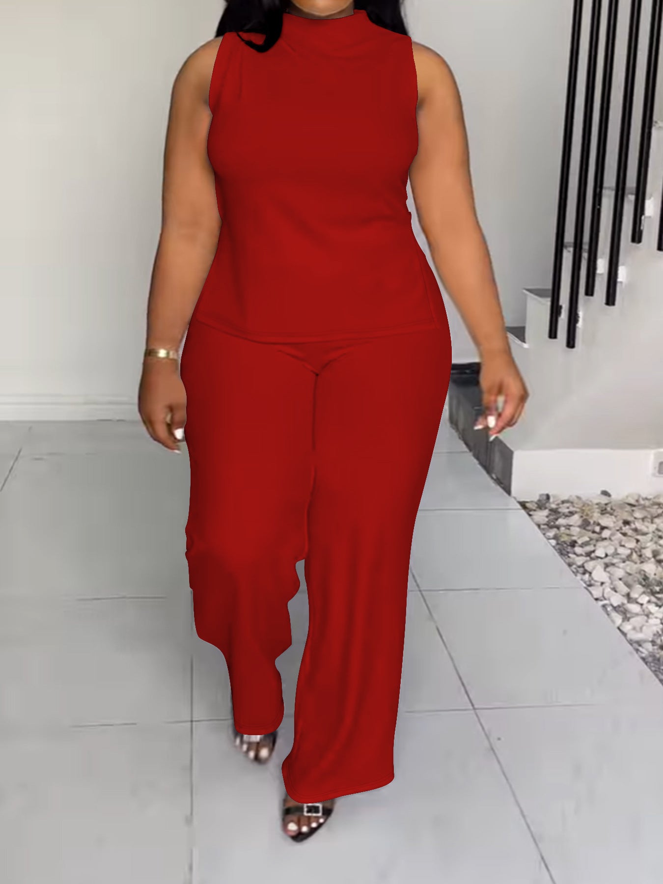 Solid Color Casual Sleeveless Trousers Suit