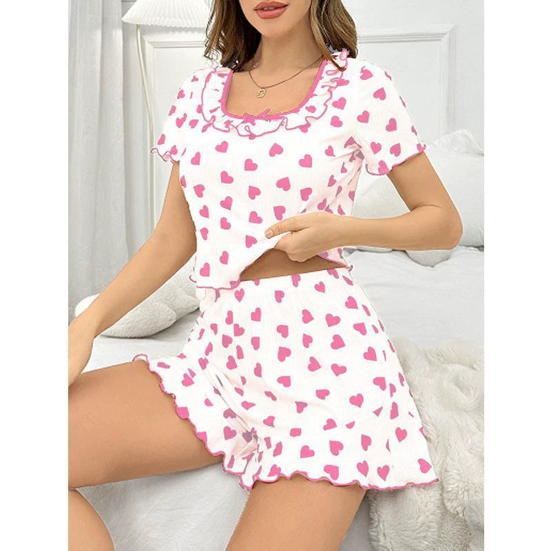 New Sweet Square-Neck Short-Sleeve Shorts Womens Loungewear