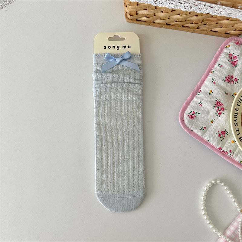 Thin Mesh Hollow Out Bow Mid-calf Length Loose Socks Breathable Sweat Absorbing