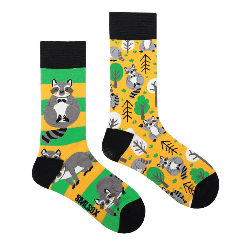 Asymmetrical Color Retro Personality Male And Female Couple Mid-length Cotton Socks