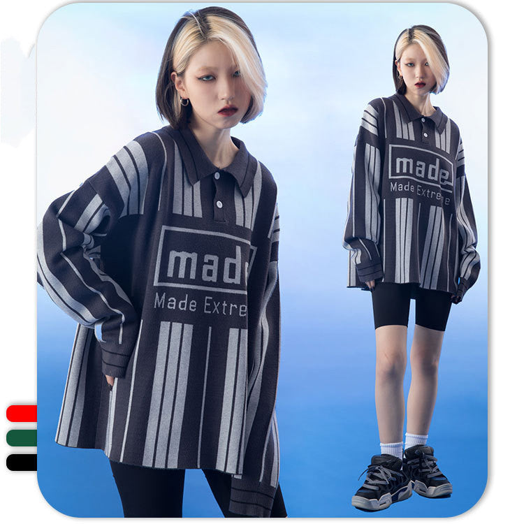 National Tide Knitwear Street Culture Striped Cuban Collar