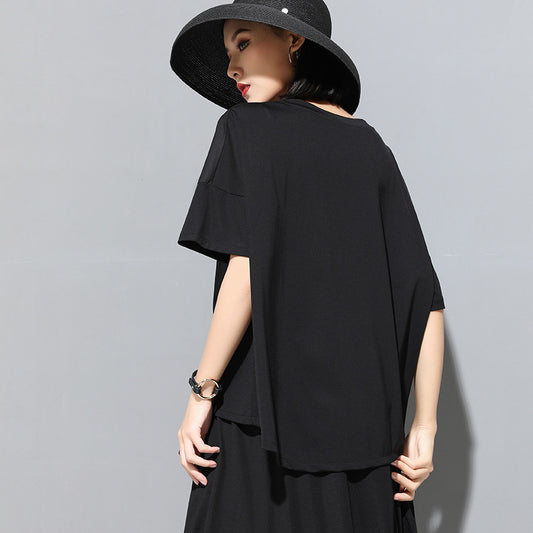 Womens Stylish, Personalized Patchwork Asymmetrical Short-Sleeve Top