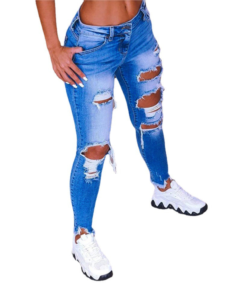 Women's Denim Low-waisted Butt-lifting Trousers With Holes
