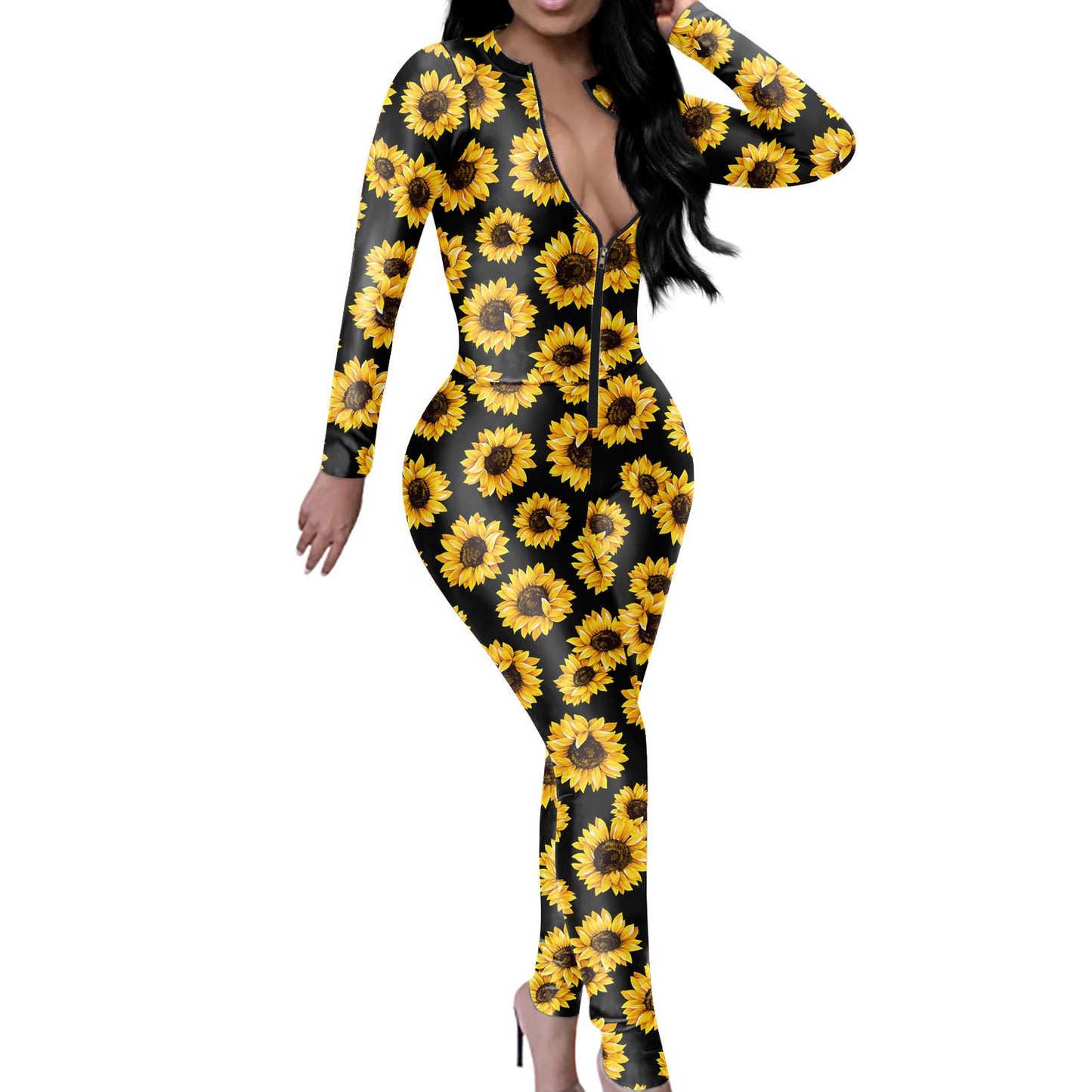 Women's Sunflower Printed Tight V-neck Jumpsuit