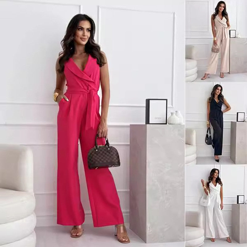 V-hals Ærmeløs Jumpsuit Med Bælte Design Sommer Mode Bukser Dametøj