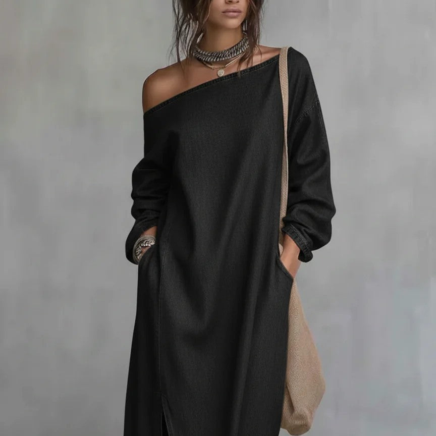 Fashionable Off-the-shoulder Slit Straight-leg, Loose-fitting Long Dress