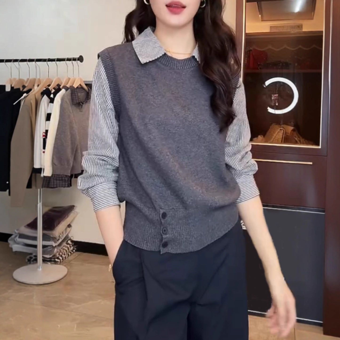 High-grade Fake Two-piece Striped Shirt Stitching Sweater For Women