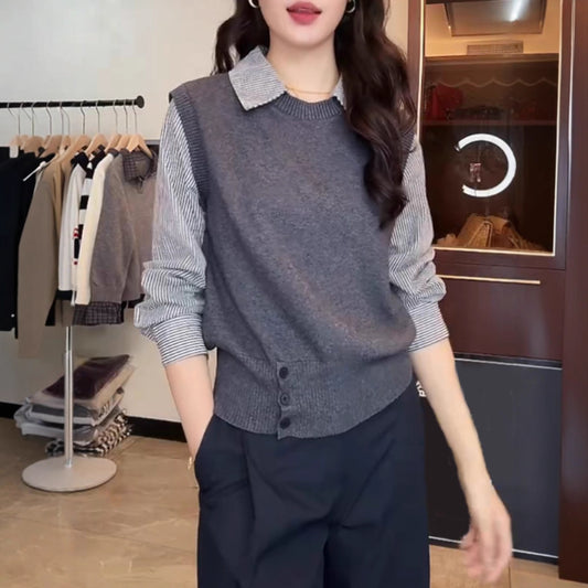 High-grade Fake Two-piece Striped Shirt Stitching Sweater For Women