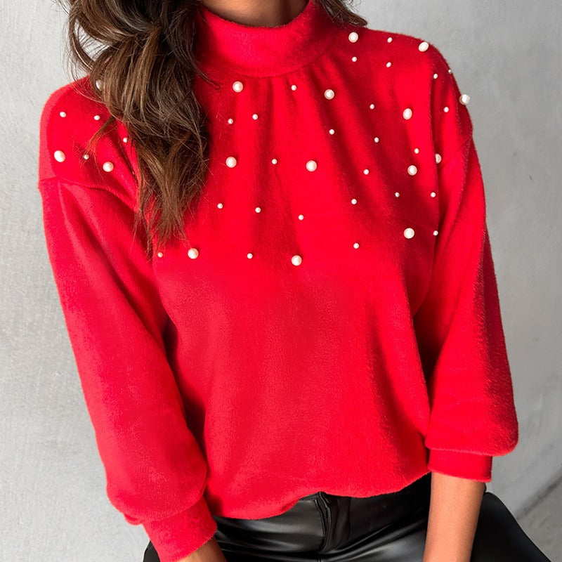 European And American Women's Clothing Beaded Turtleneck Long-sleeved Top