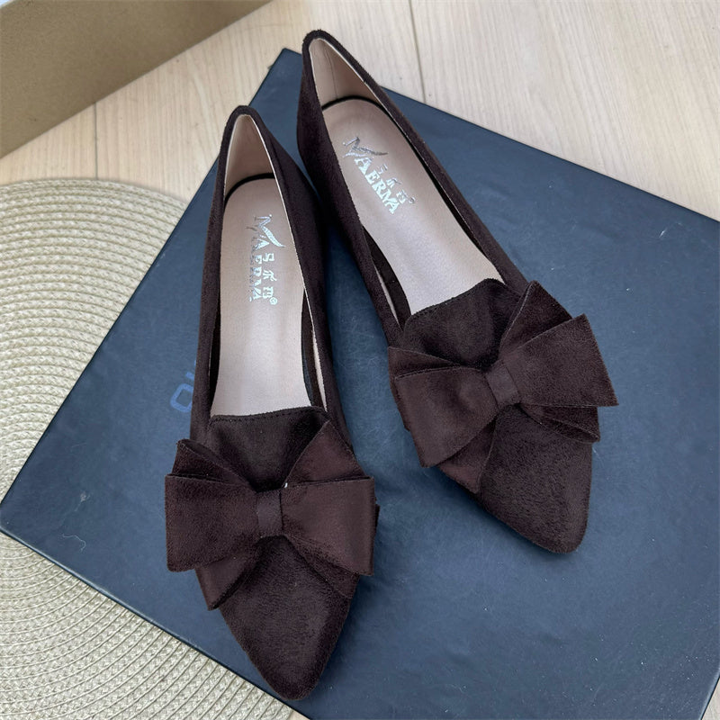 Women's Versatile Solid Color Bow Pointed Flat Shoes