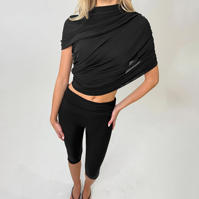 Solid-color Sexy Slim-fit Draped Capri Pants Set