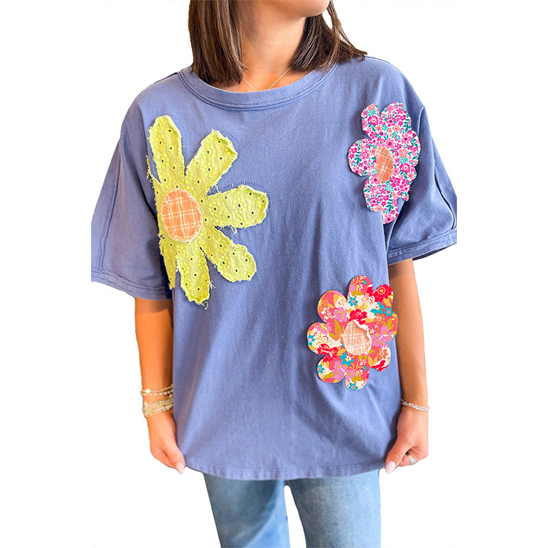 European And American Fashion Flower Patch Round Neck Pullover