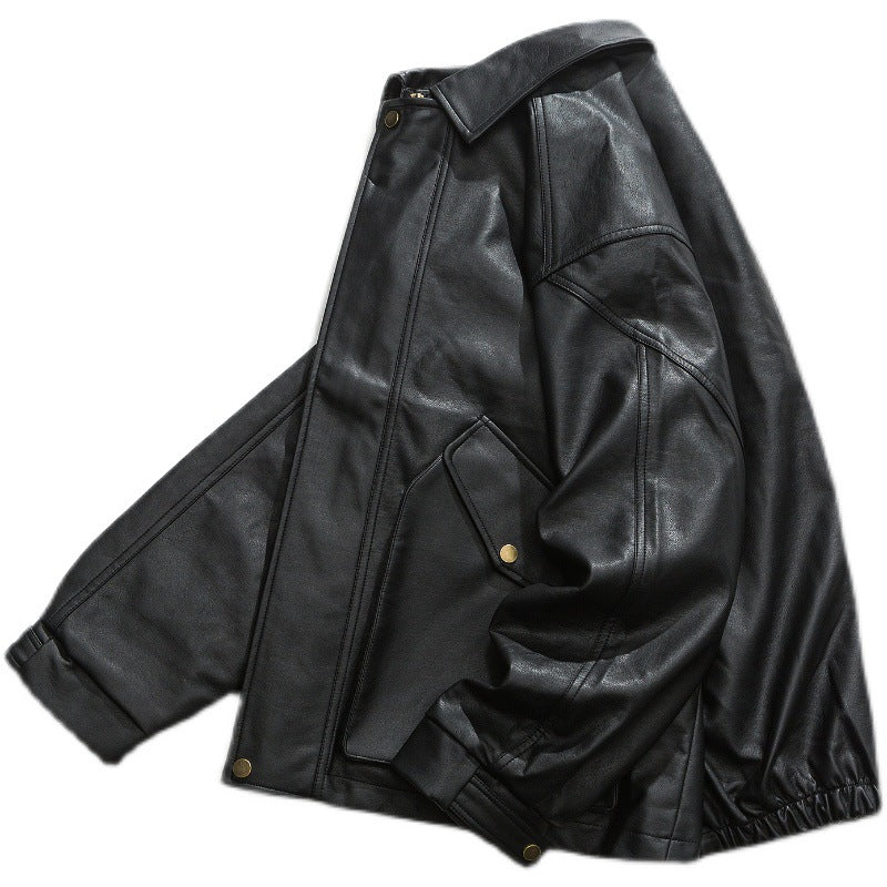 Soft Leather Jacket Men's Double-stand Large Pocket Coat