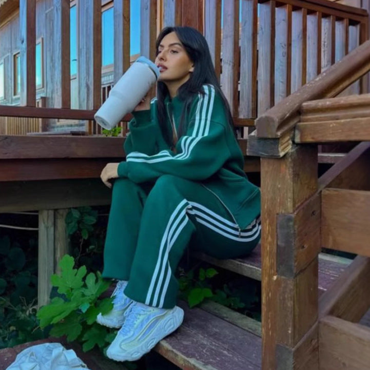 Contrast-color Sweatshirt Cardigan And Pants Set For Women