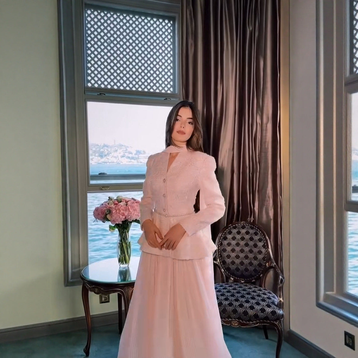 Chanel-style Pearl And Butterfly Jacket With Pleated Skirt Set