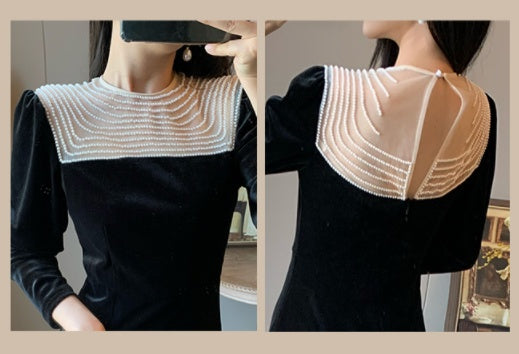 Slim Fit Slim Wrap Hip Black Velvet Dress