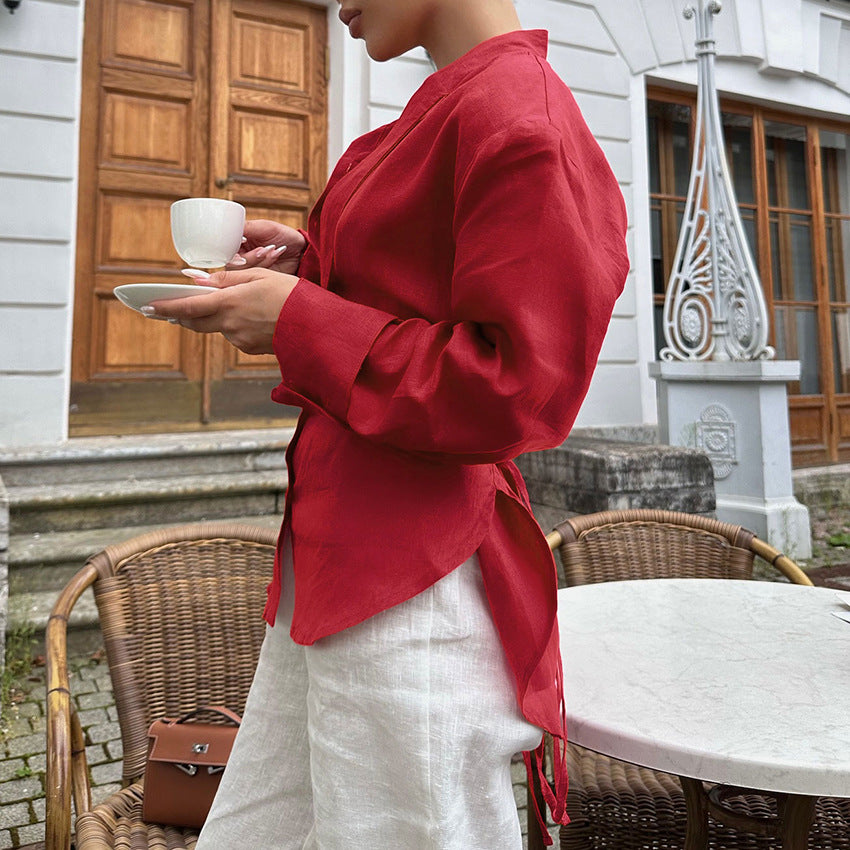 New Lace-up Waist Cotton And Linen Ribbon Shirt Women's Design Sense