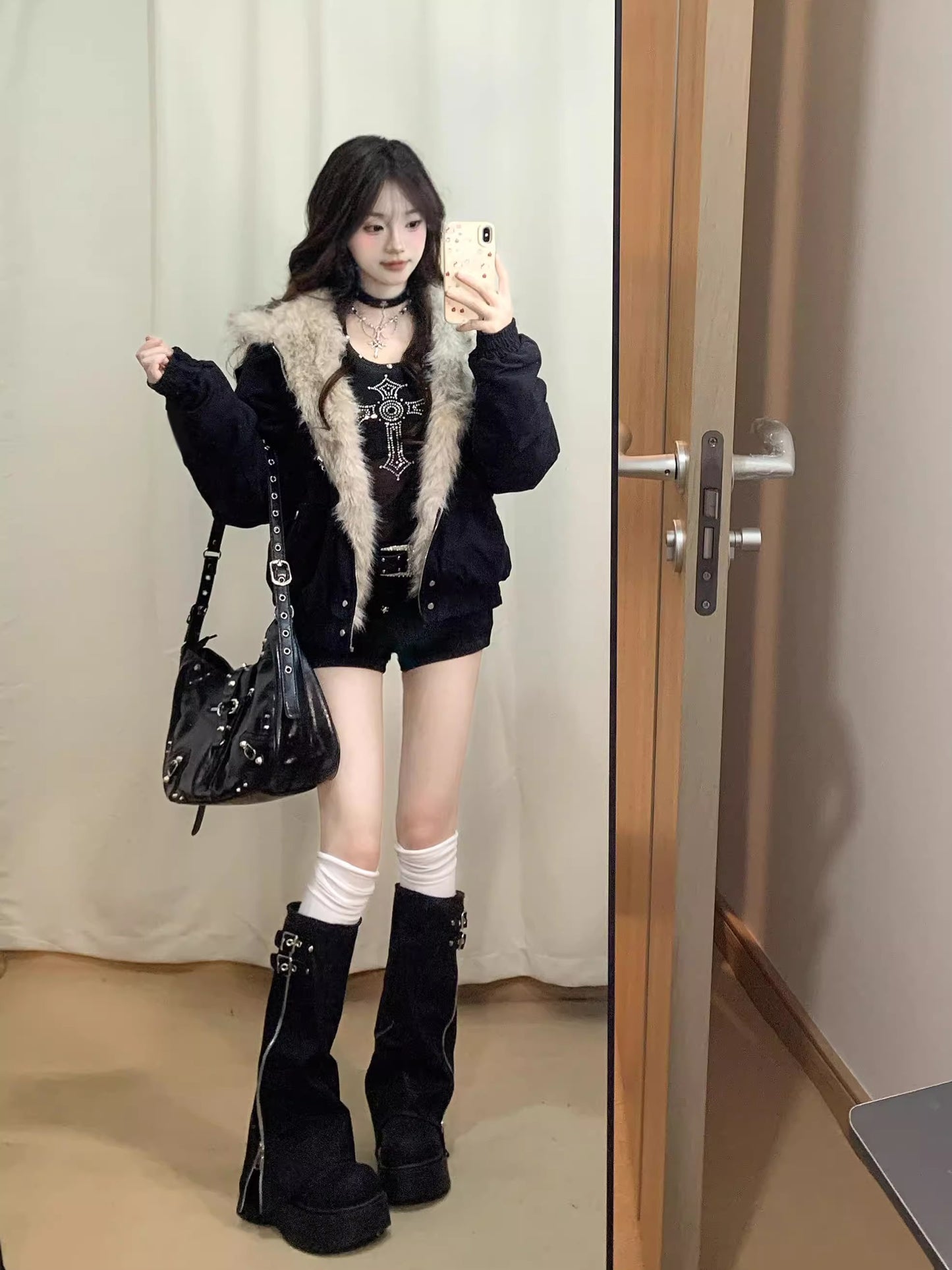 Thickened Fur Collar Hood Cotton-padded Coat For Women