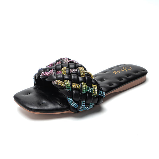 Fashion Square Head Colorful Diamond Embroidery Thread Flat Sandals