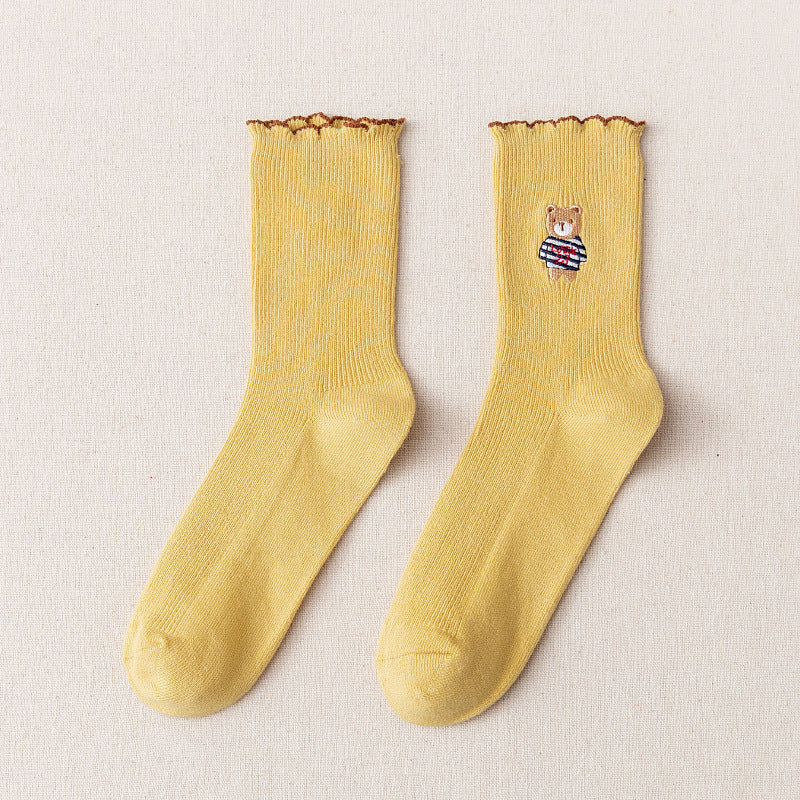 Women's Bear Embroidered Fungus Lace Mid Tube Socks