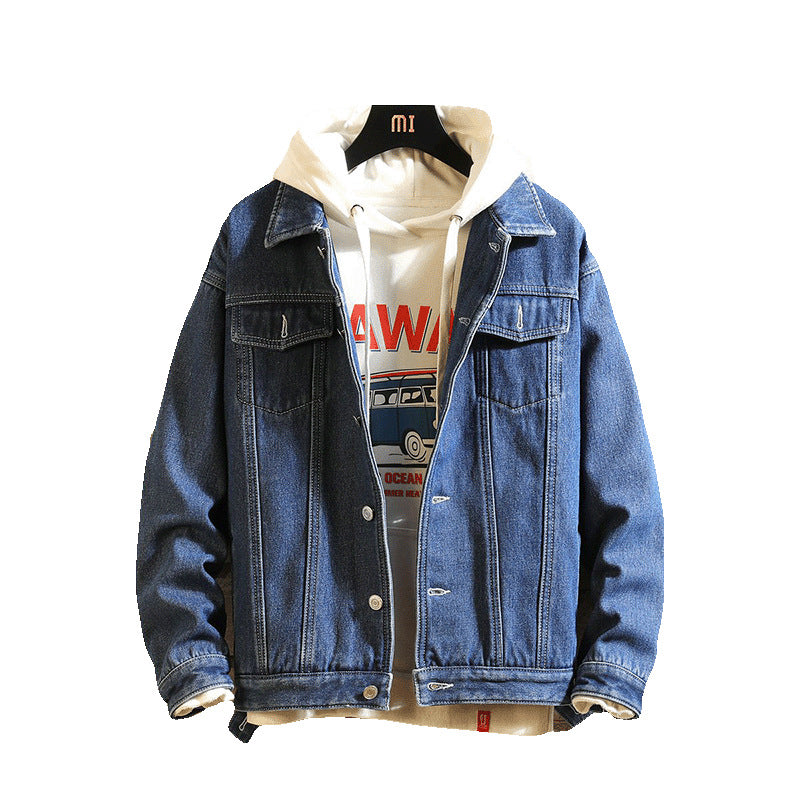 Winter Hong Kong Style Fleece-lined Men's Denim Jacket Warm Coat