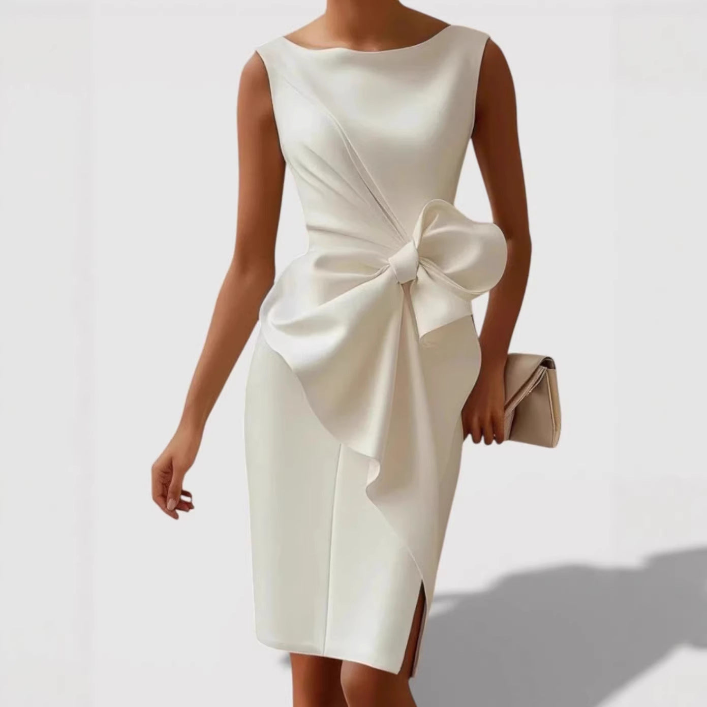 Mid-length Fitted Dress With A Cinched Waist And Bow Detail