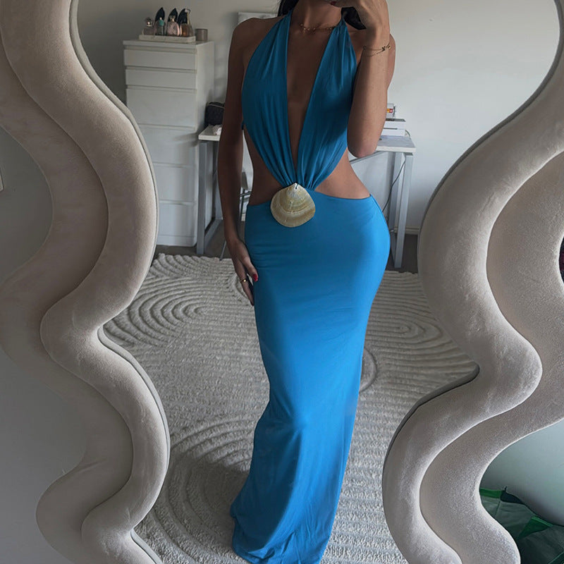 New Solid-color Chic Street-style Deep-V Halter Backless Bodycon Dress