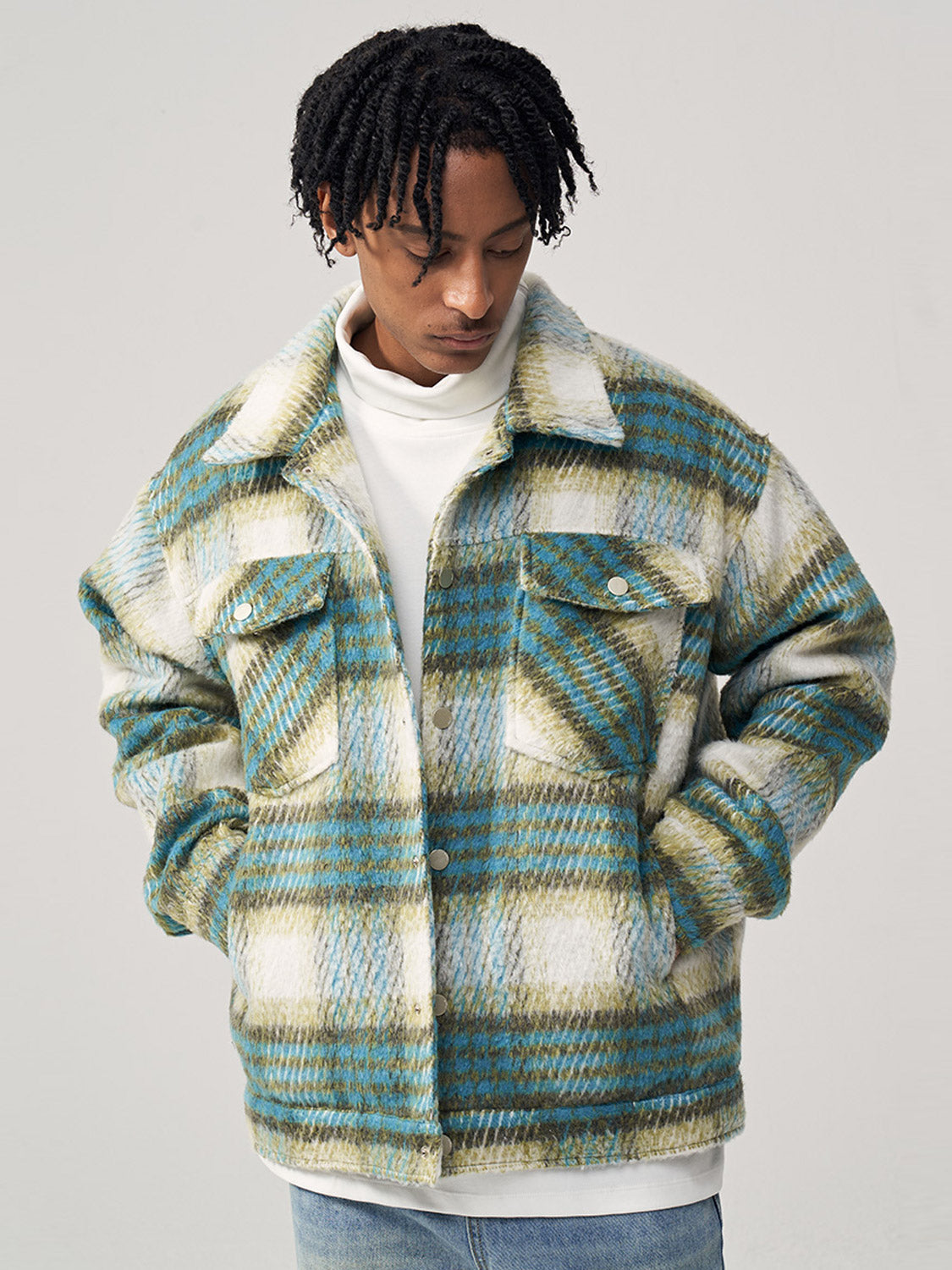 Sea Horse Hair Coarse Checked Shirt Jacket Loose Wool Clip Cotton