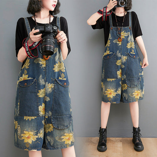 Women's Summer Fashion Denim Suspender Print Shorts