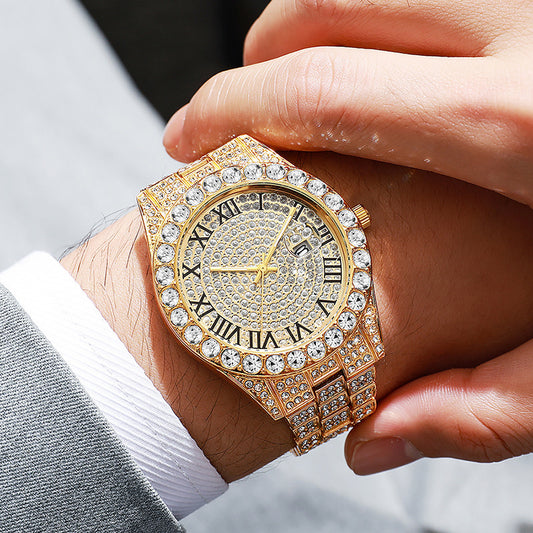 New Rhinestone Steel Watch Calendar Roman Starry Quartz Watch