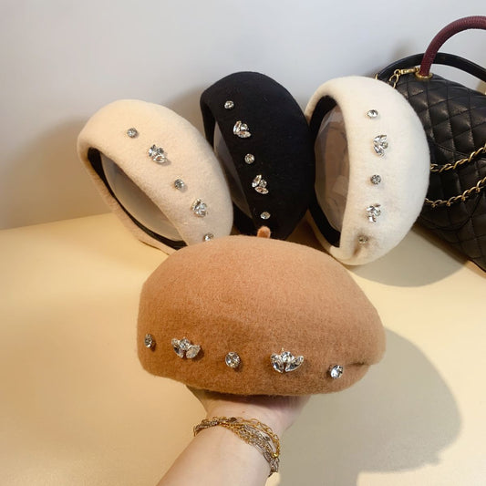 Women's Autumn And Winter British Rhinestone Wool Beret