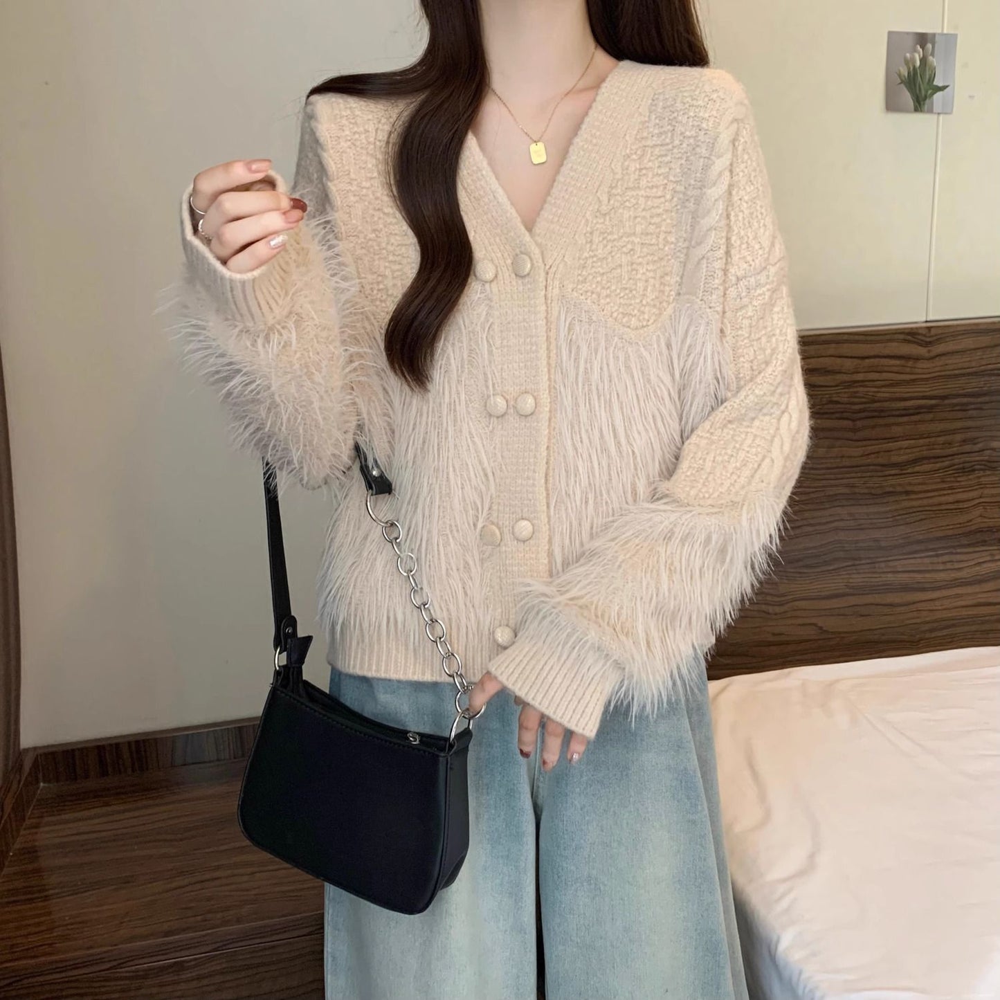 Knitted Cardigan Fringe Collar Temperament Sweater Coat