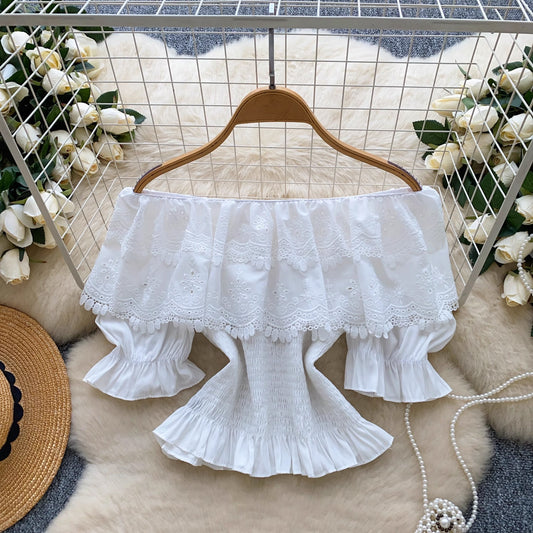 Crochet Hollowed-Out Off-the-Shoulder Puff-Sleeve Shirt For Women