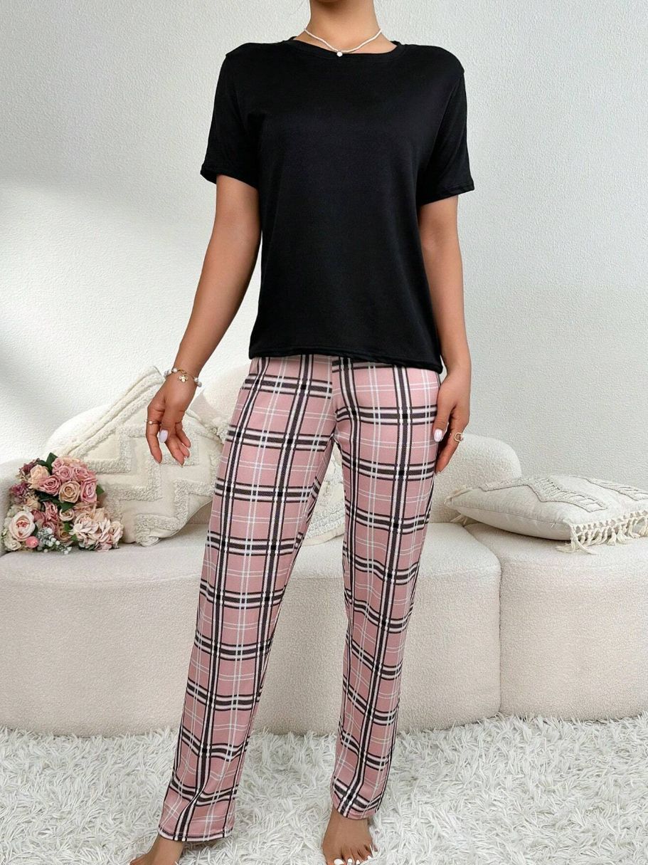 Home Round Neck Printed Short Sleeve T-shirt Top And Trousers Suit