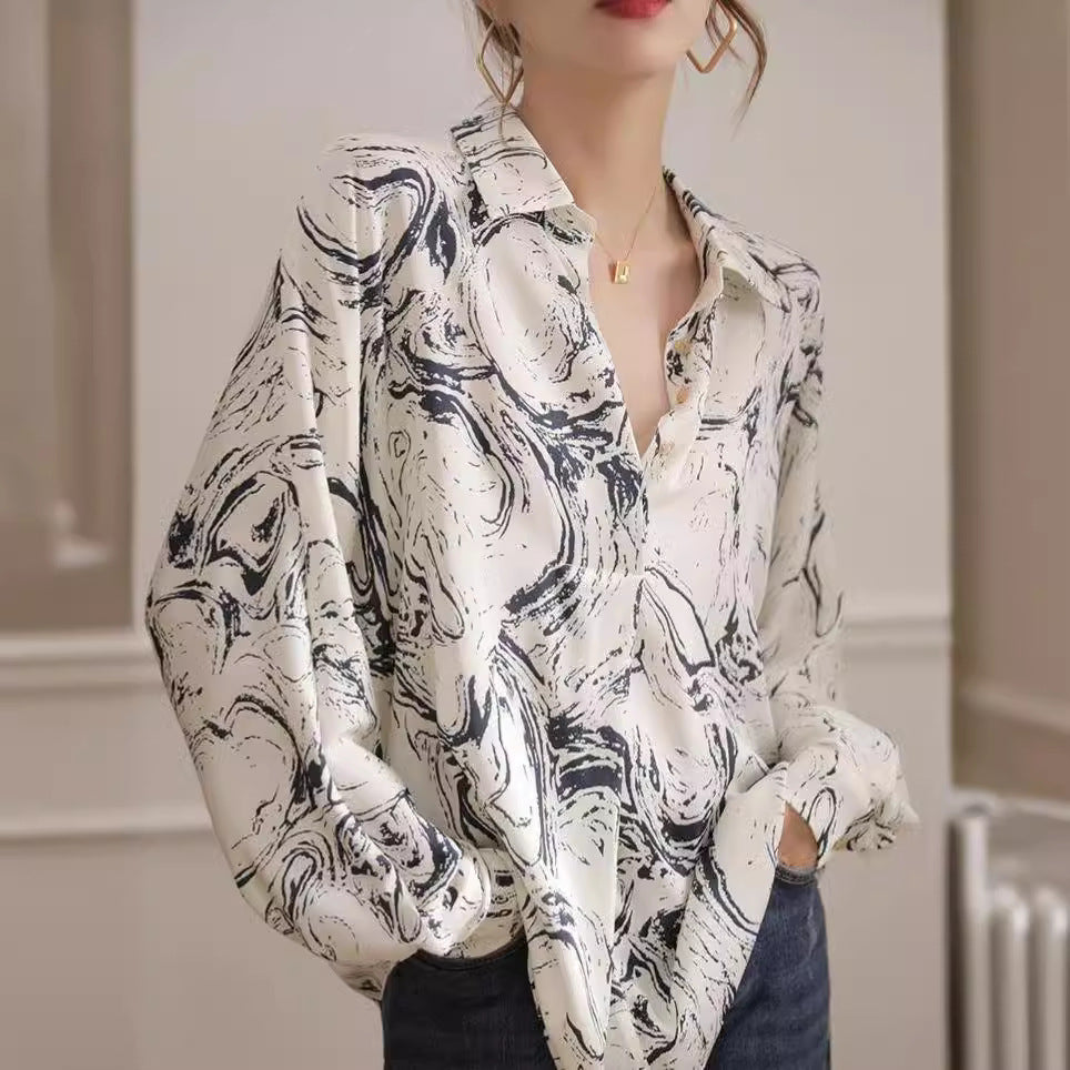 Western Stil Mode Blæk Maleri Trykt Langærmet Skjorte