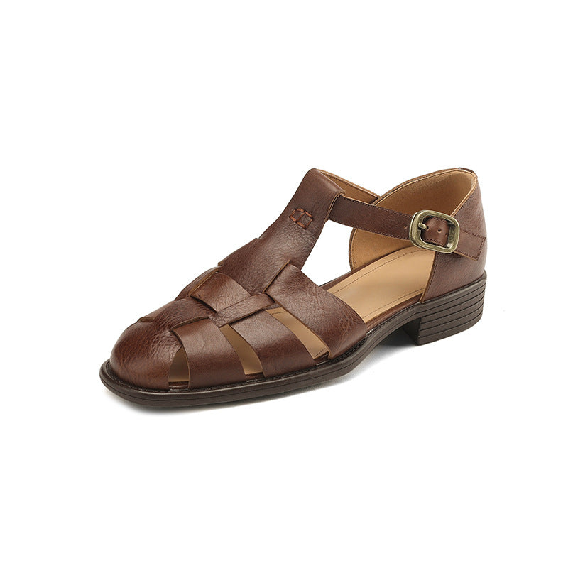 Round Toe Low Heel Leather French Retro Roman Sandals Flat Women's