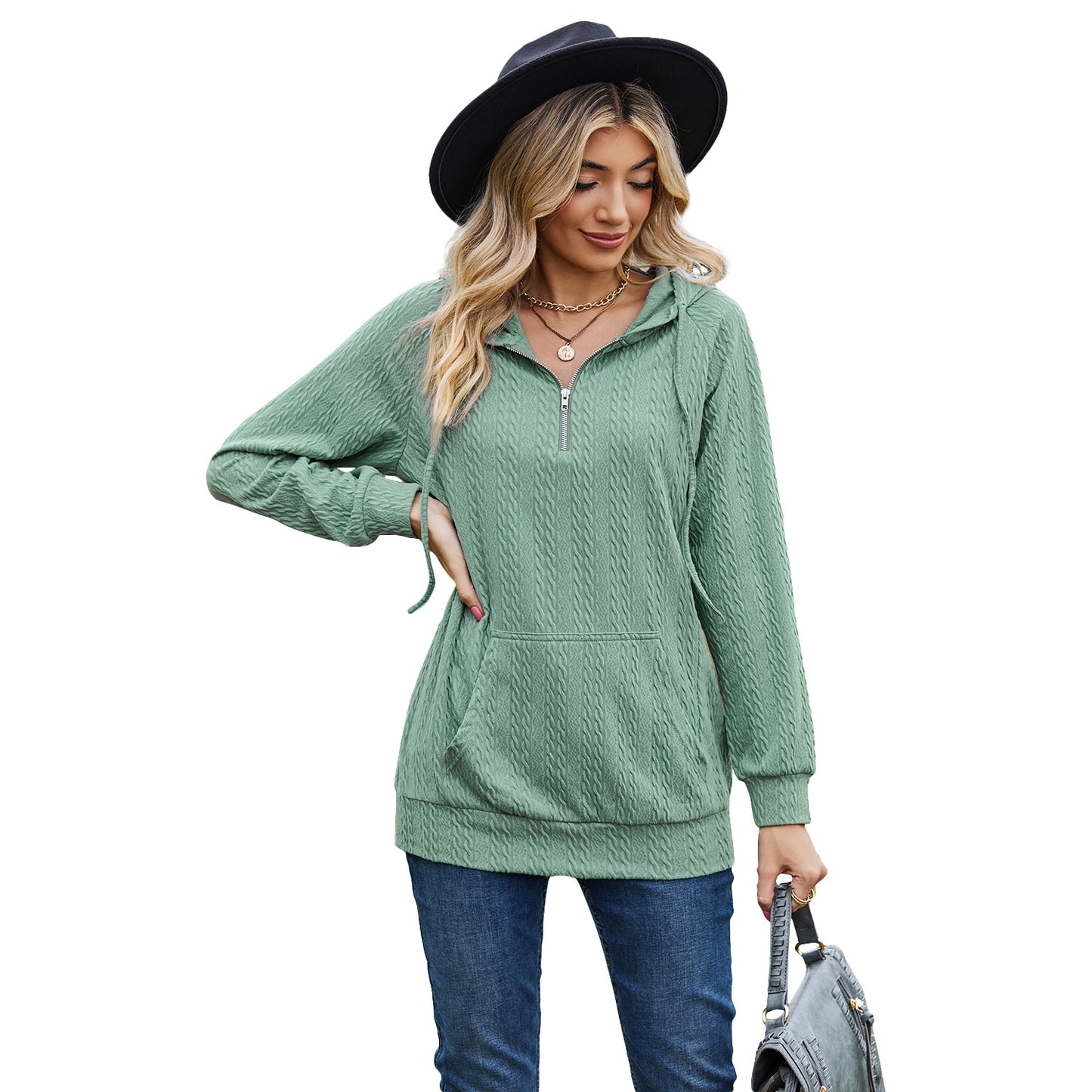 Dame Solid Color Hættetrøje med Lynlås Løs Langærmet Sweatshirt