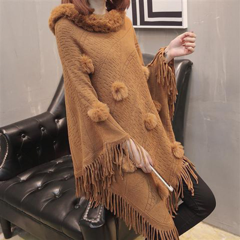 Loose Outer Wear Fur Collar Bat Shirt With Hand-woven Tassels
