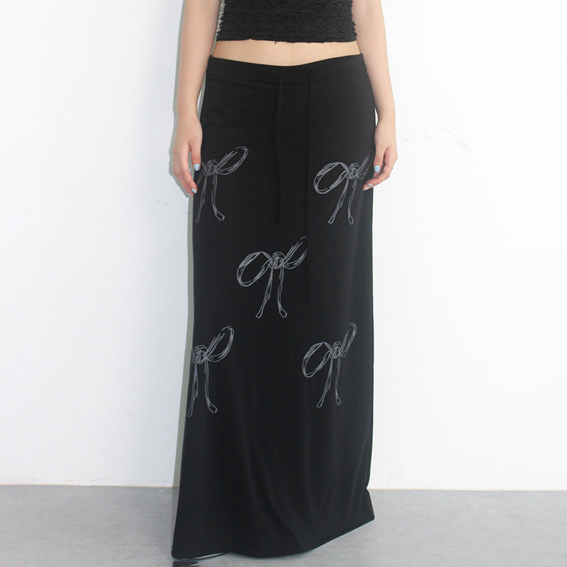 Women's Bow Print Drawstring Straight Dress