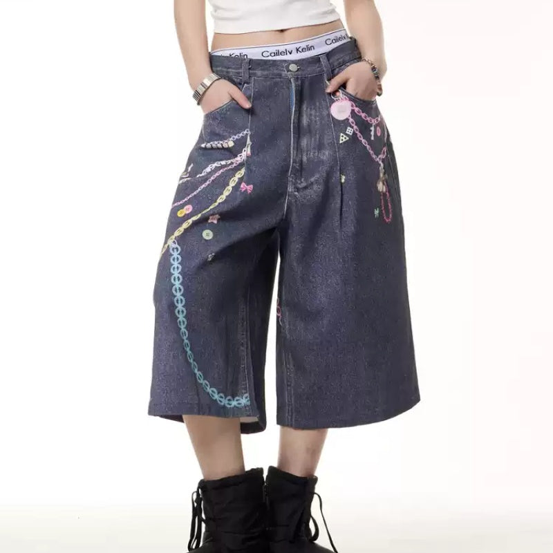 Retro Color Chain Printed Cropped Jeans For Women