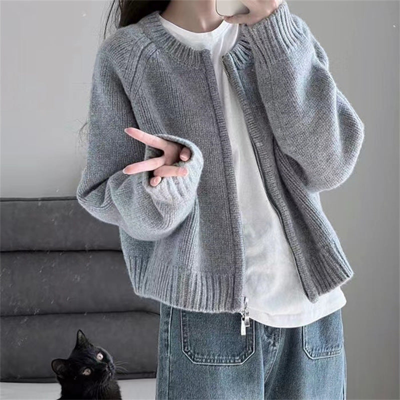 Autumn And Winter New Loose Gray Cropped Sweater Coat