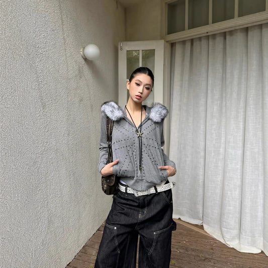 Women's Casual Loose Retro M Fur Collar Hood Bathroom Coat