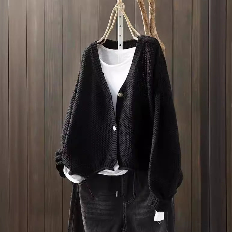 Grænseoverskridende Tidlig Efterår Ny Afslappet Alsidig Ensfarvet V-hals Langærmet Enkeltradet Strikket Cardigan Sweater